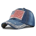 Blue denim baseball cap with rhinestone American flag and silver metallic studs decoration - Adjustable / Blue