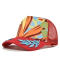 Dettaglio cappello trucker tropicale con stampa floreale e ricamo foglia sulla visiera - Regolabile / Borgogna