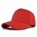 Detail of red cotton baseball cap featuring six panels and stitched eyelets for ventilation - Red