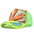 Detailed view of 3D leaf embroidery on the vibrant tropical mesh baseball cap brim - Adjustable / Green