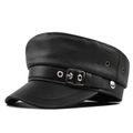 Black faux leather military style flat top cap with pebbled texture and metal buckle - M (56-58cm) / Black