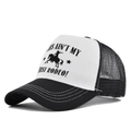 Black and white trucker hat with This Ain't My First Rodeo text and mesh back - Adjustable / Black and White Style 2