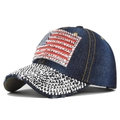 Dark blue denim baseball cap with rhinestone US flag pattern and studded silver brim - Adjustable / Navy Blue Full Rhinestone