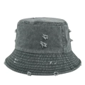 Close-up of distressed dark grey washed denim bucket hat with ripped hole details - Army Green