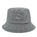 Detail shot of distressed grey washed denim bucket hat with ripped holes and frayed edges - Gray