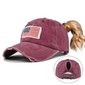 Distressed burgundy ponycap with American flag embroidery and ponytail hole back - Burgundy