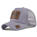 Detail of grey-purple trucker hat with cow leather patch and breathable mesh back - Adjustable / Light Gray