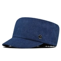 Dark blue denim flat top military hat featuring a silver metal M logo on the side - Adjustable / Navy Blue