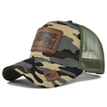 Close-up of camouflage trucker hat featuring leather cow patch and breathable green mesh - Adjustable / Yellow Camouflage