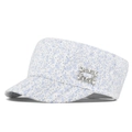 White cadet cap with blue floral pattern and sparkling crystal square buckle - Adjustable / Blue Floral (FC210-1)