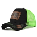 Close-up of black and neon green trucker hat showing breathable mesh and leather cow patch - Adjustable / Black/Green Mesh