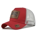 Detail of red trucker hat with embossed cow leather patch and grey mesh back - Adjustable / Red Gray Mesh