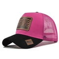 Detail of pink mesh trucker hat with lion patch and embroidery on a black brim - Black & Red