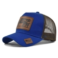 Detailed side view of navy trucker hat with cow leather patch and mesh back - Adjustable / Royal Blue Coffee Mesh