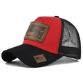 Detail of red and black trucker hat featuring cow leather patches and mesh back - Adjustable / Black and Red