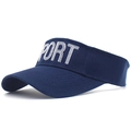 Close-up of navy blue sport visor featuring white embroidered SPORT text and stitched brim - Navy Blue