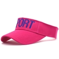 Detail view of pink sport visor with blue SPORT embroidery and curved brim stitching - Rose Red