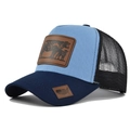 Blue trucker hat with cow leather patch and breathable mesh back in vintage style - Adjustable / Navy and Blue
