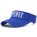 Detailed close-up of navy blue sun visor with white Sport embroidery and stitched brim - Blue