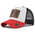 Detail of truck cap with cow leather patch, red brim and breathable black mesh back - Adjustable / Red & White