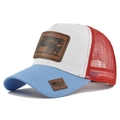Detail of red white blue trucker hat with cow leather patch and mesh back design - Adjustable / Sky Blue & White