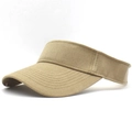 Detail of khaki cotton visor hat with wide curved brim and parallel decorative stitching - M (56-58cm) / Beige