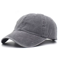 Close-up of a dark grey washed cotton baseball cap with vintage finish and stitching - Adjustable / Gray