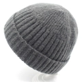 Detailed close-up of dark grey knitted beanie showing fine ribbed wool texture and cuffed hem - Gray