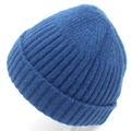 Detail shot of navy blue ribbed knit beanie featuring premium vertical stripe pattern - Blue