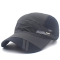 Detail of dark gray baseball cap featuring side sports print and breathable mesh back - Adjustable / Dark Gray