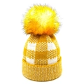 Winter yellow checkered knit beanie with large faux fur pompom and folded cuff - Yellow