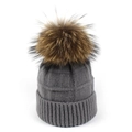 Detalle del tejido de nido de abeja y el pompón de piel sintética del gorro de lana gris - Talla única / Gris oscuro