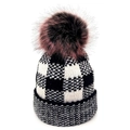 Women's plaid knit beanie with large faux fox fur pom pom and warm folded cuff brim - Black