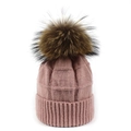 Gorro de punto rosa para mujer con pompón de piel real y textura de cuadros clásica - Talla única / Rosa