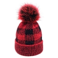 Winter knit beanie with red and black buffalo plaid pattern and faux fur pom pom - Dark Red