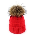 Gorro de punto rojo para mujer con pompón de piel natural suave para invierno - Talla única / Rojo