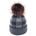 Winter plaid knit beanie with large pink and dark brown faux fur pom pom detail - Gray