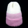 Women's faux mink fur knit beanie in white and pink color block two-tone design - One Size / Soft Pink (White Patchwork)