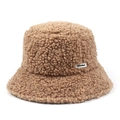 Detail of brown sherpa fleece bucket hat featuring white Sei Carina Y woven label - One Size / Khaki