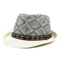 Detail of woven fedora hat featuring geometric patterns and colorful ethnic style band - Navy Blue