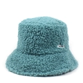 Detailed close-up of blue teddy faux fur bucket hat featuring a white woven side label - One Size / Blue