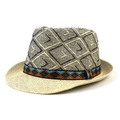 Neutral woven straw jazz fedora hat with black geometric patterns and ethnic band - Black