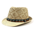 Detailed view of natural straw fedora featuring a colorful ethnic geometric band pattern - Light Coffee
