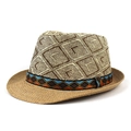 Straw fedora hat with plaid weave pattern and colorful ethnic geometric band decoration - Dark Coffee