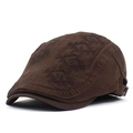 Detail of coffee brown cotton canvas beret with geometric embroidery and adjustable metal buckle - Adjustable / Coffee
