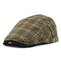 Plaid cotton linen flat cap with breathable fabric and adjustable metal side buckle - Adjustable / Khaki