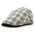 Breathable cotton linen plaid beret cap with adjustable strap and black visor - Adjustable / Off White