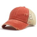 Detail of vintage distressed baseball cap featuring breathable mesh and frayed brim details - Adjustable / Orange