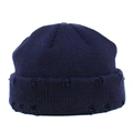 Detailed knit texture of dark blue beanie featuring a folded brim with jacquard pattern - Navy Blue