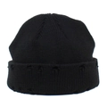 Detail of black ribbed knit beanie featuring distressed ripped edge for streetwear look - Black